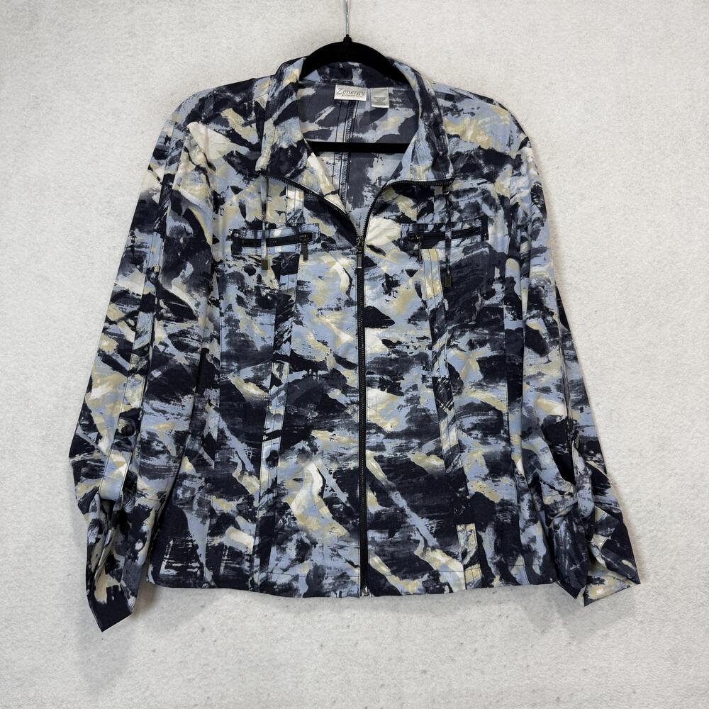 Chico's Zenergy Jacket Womens 2 Blue Abstract Print Full Zip Pockets Lightweight